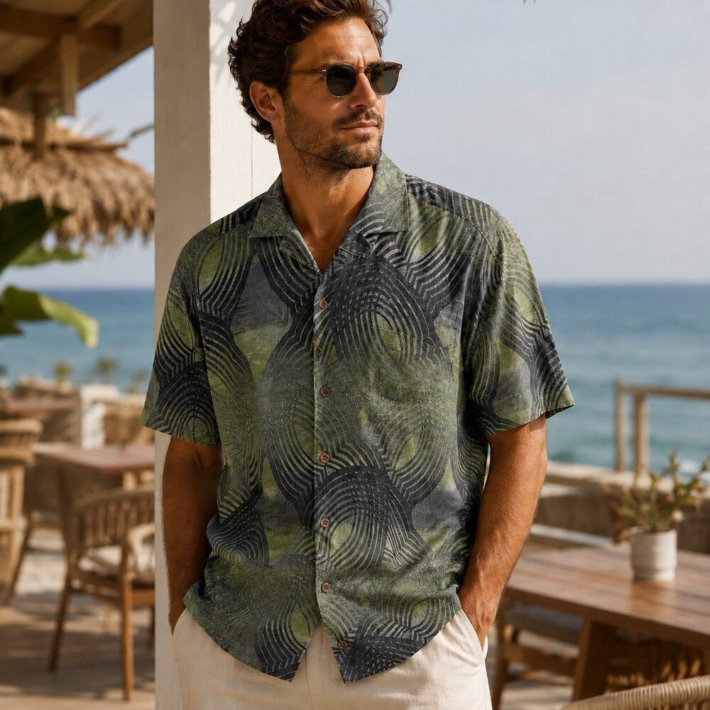 Tommy Bahama Men's Green 2XL Gray Abstract Geometric Camp Button Up Resort Shirt